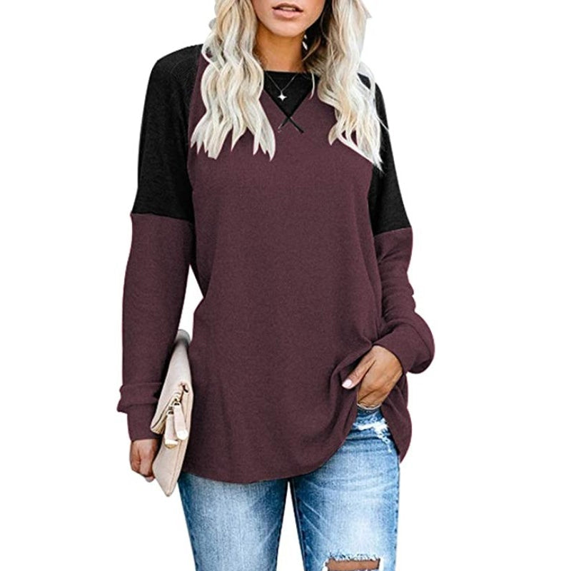 Round Neck Long Sleeve Color Block T-Shirt