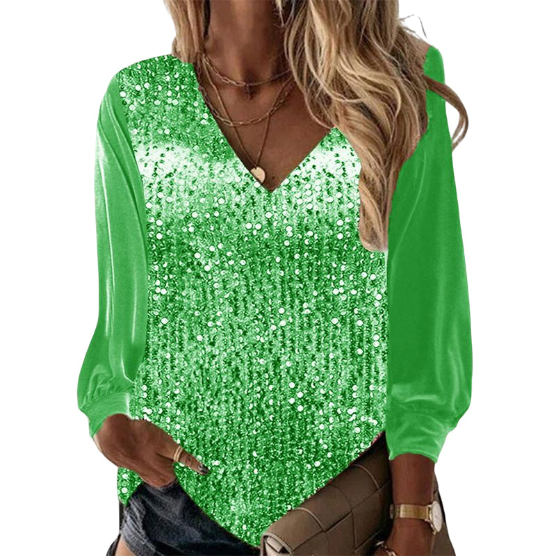 V Neck Sequined Long Sleeve Shirt