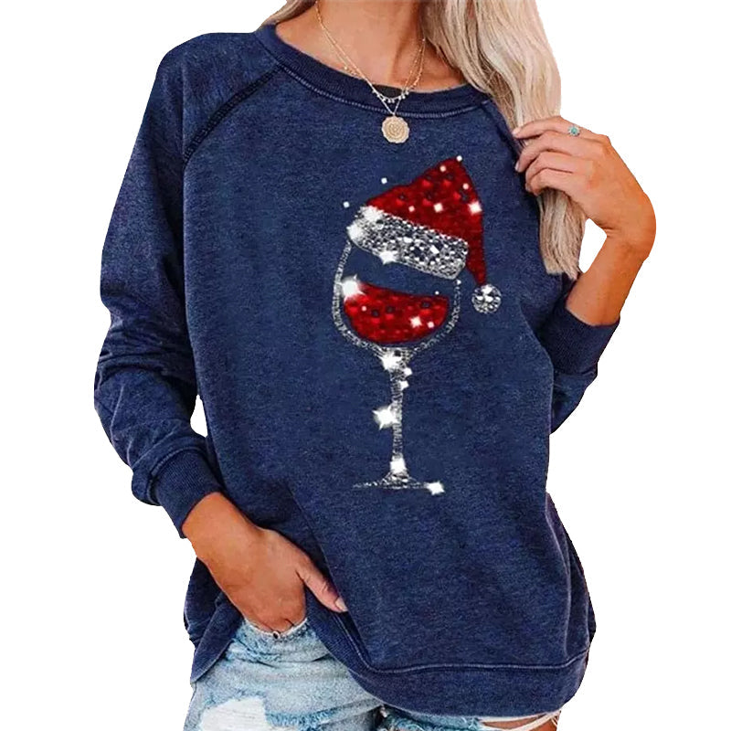 Christmas Wine Glass Print Sweatshirt