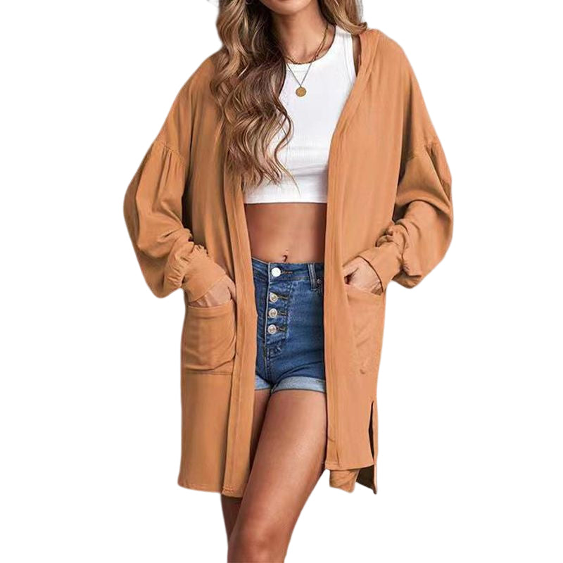 Long Pocket Hoodie Solid Color Long Sleeve Cardigan