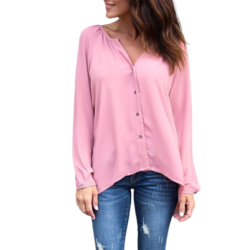 V Neck Button Long Sleeve Loose Chiffon Shirt