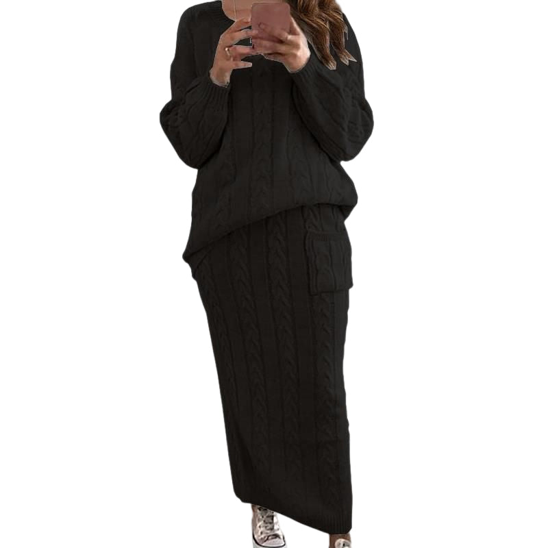 Cable Knit Patched Pocket Skirt Set