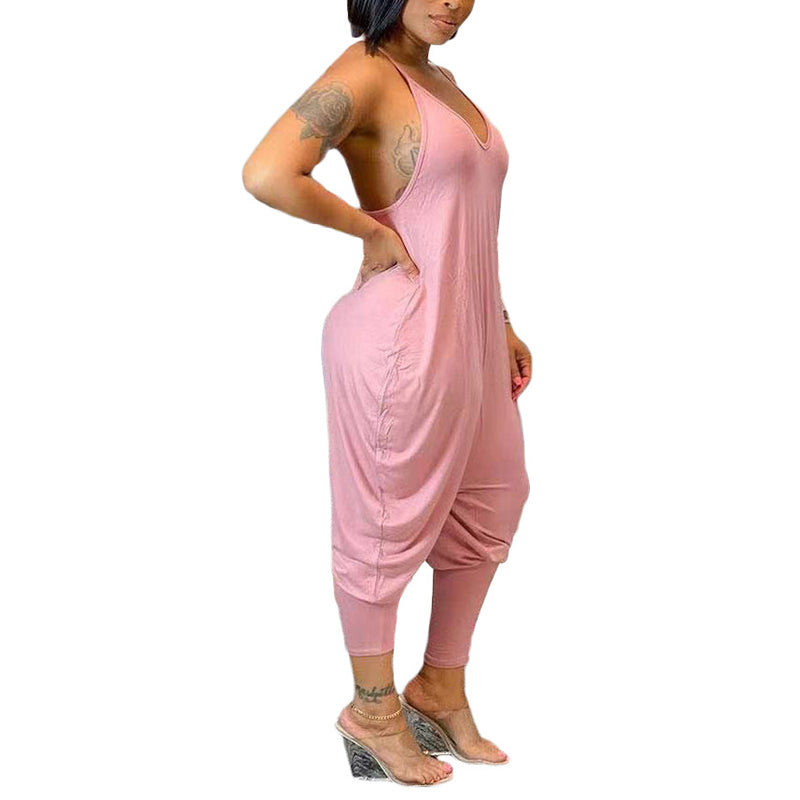 Women's Fashionable Casual Solid Color Suspender Jumpsuit