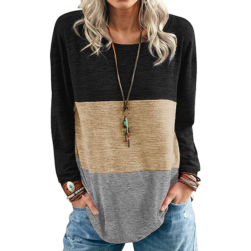 Round Neck Pullover Contrast Long Sleeve T-Shirt