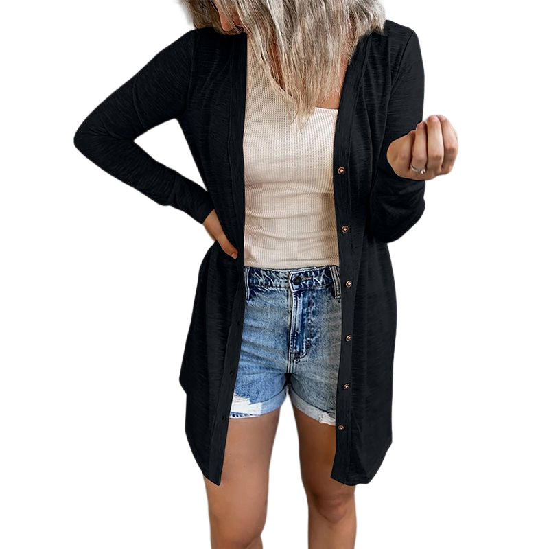 Button Solid Long Sleeve Cardigan