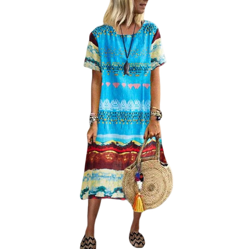 Vintage Ethnic Print Round Neck Dress