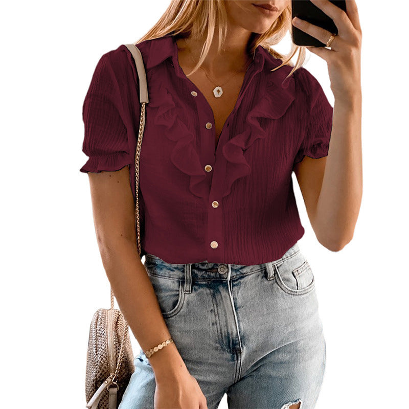Ruffled Single-breasted Lapel Collar Shirt