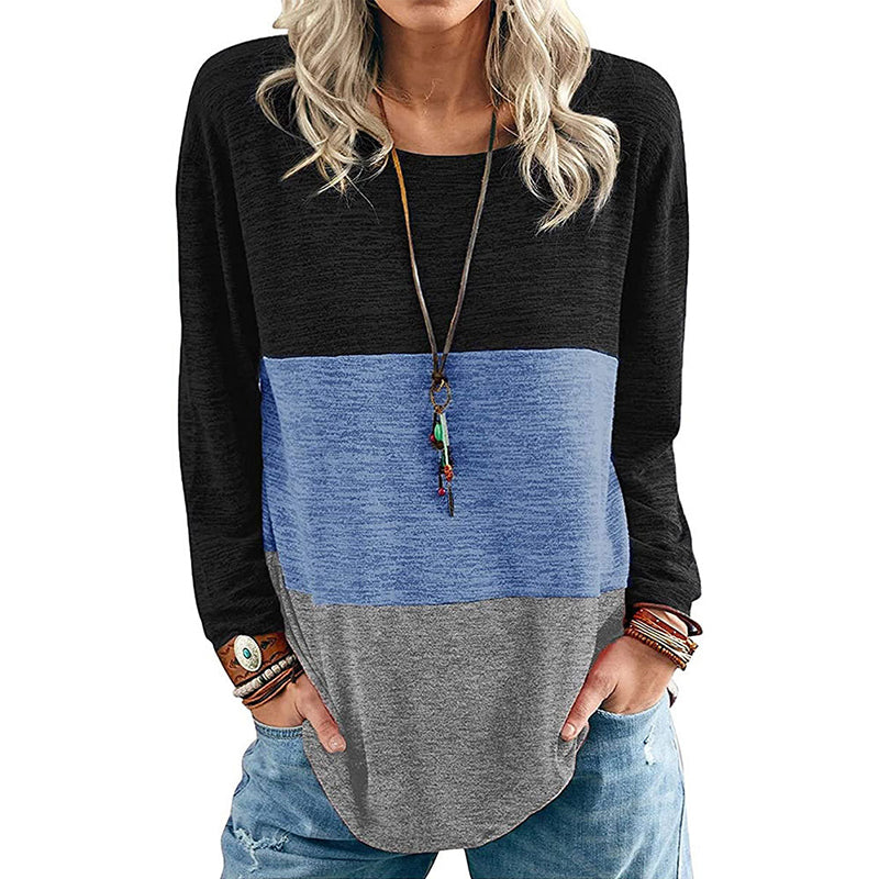 Round Neck Pullover Contrast Long Sleeve T-Shirt