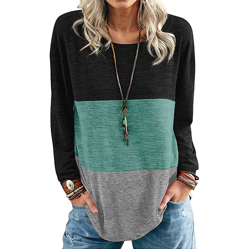 Round Neck Pullover Contrast Long Sleeve T-Shirt