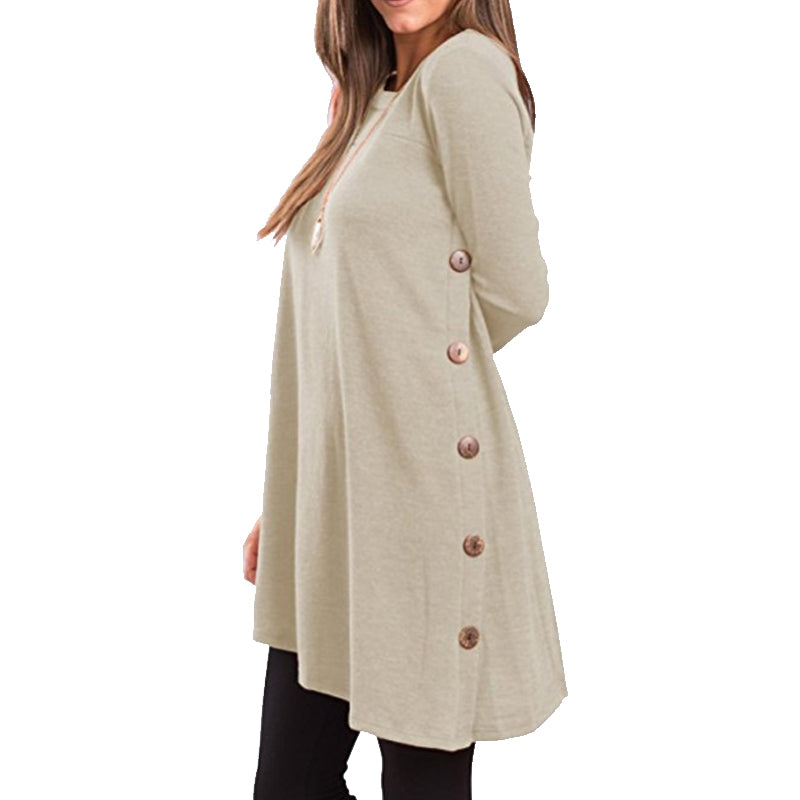 Women's Long Sleeve Scoop Neck Button Side Sweater Tunic Dress