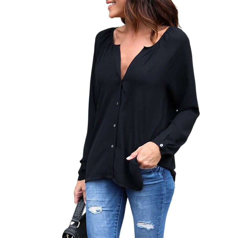 V Neck Button Long Sleeve Loose Chiffon Shirt