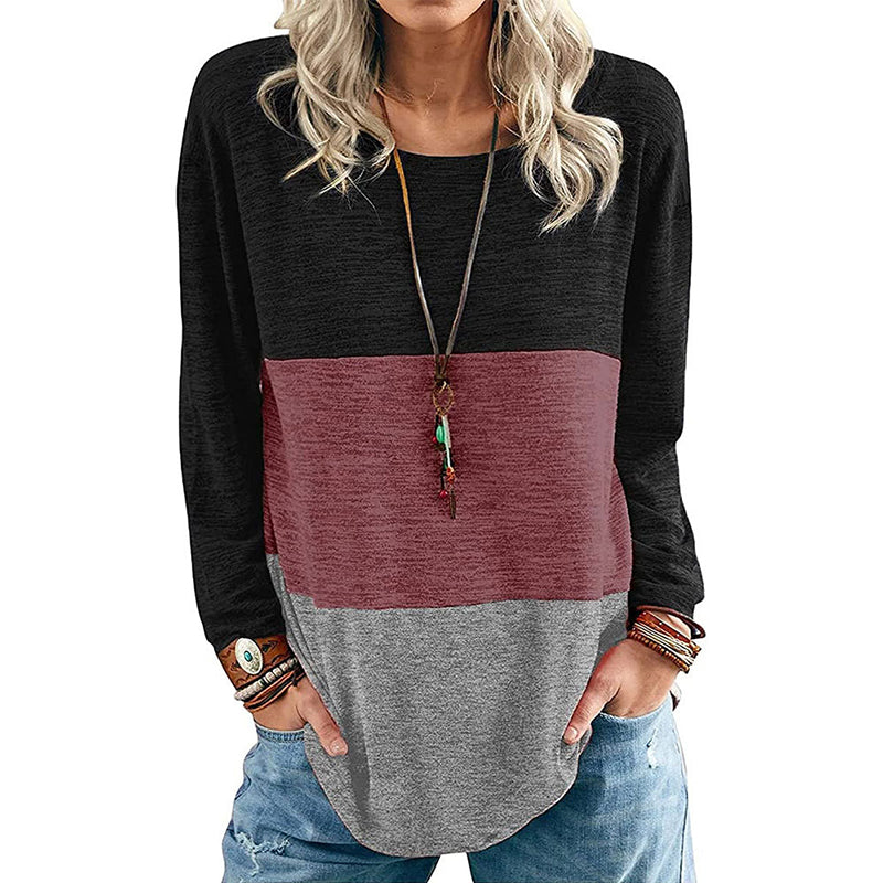 Round Neck Pullover Contrast Long Sleeve T-Shirt