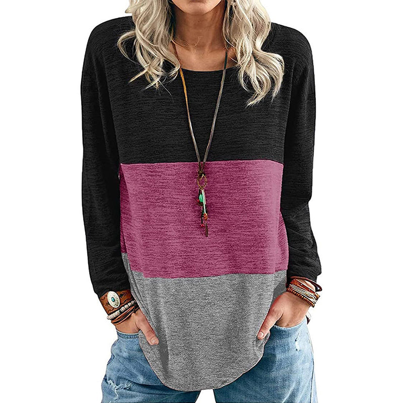 Round Neck Pullover Contrast Long Sleeve T-Shirt